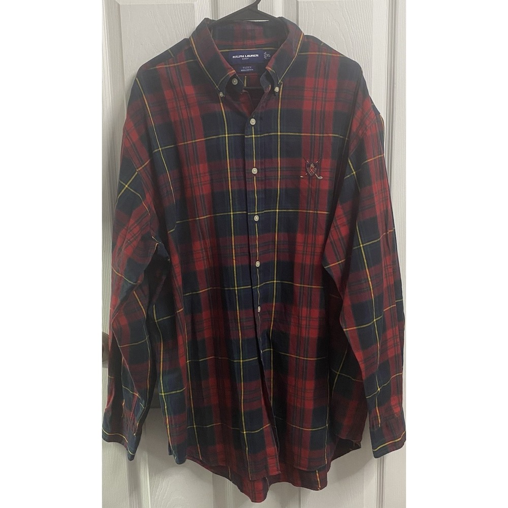 Ralph Lauren Polo Golf Men Red&Navy Plaid Embroidered Button Down Shirt XL
